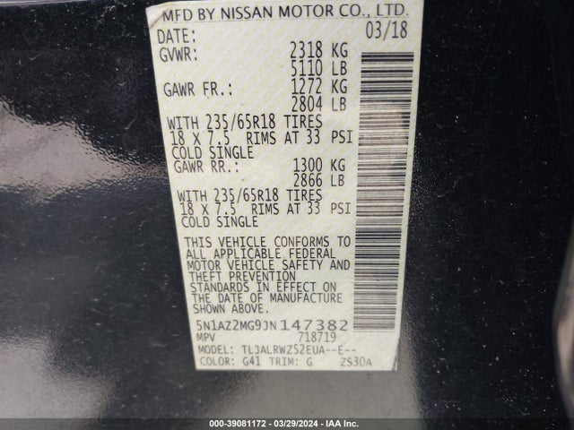 Nissan MURANO SL 2018 5N1AZ2MG9JN147382 Image 9