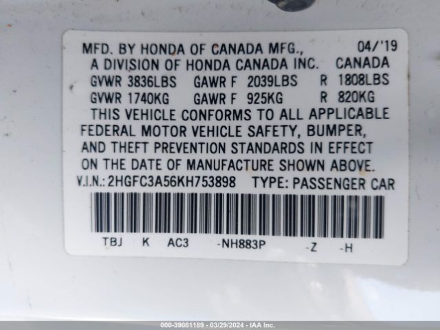 2HGFC3A56KH753898 Honda CIVIC SI