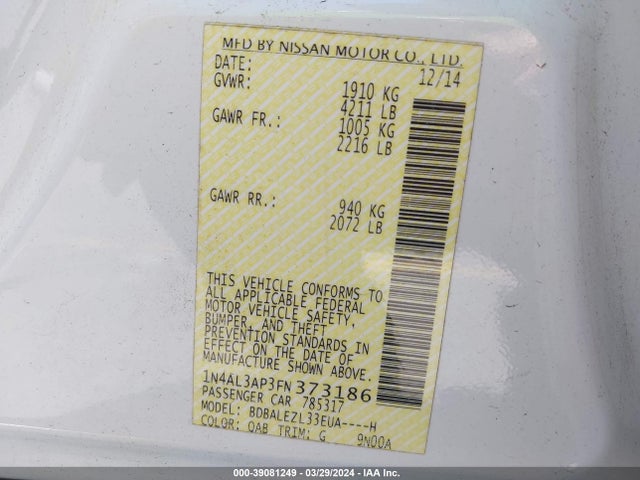 Nissan Altima 2.5 S 2015 1N4AL3AP3FN373186 Image 9