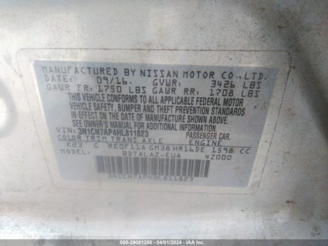 3N1CN7AP4HL811823 Nissan Versa 1.6 S+