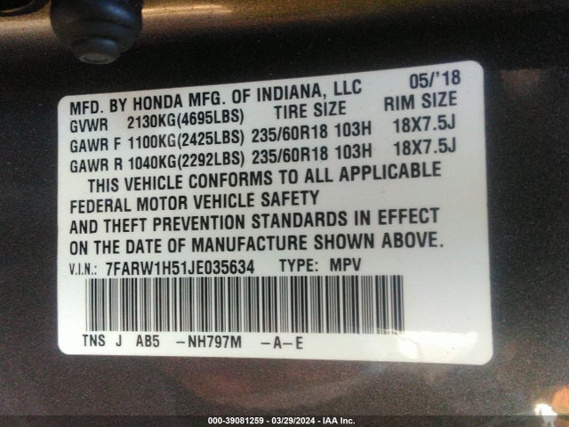 Honda CR-V EX 2018 7FARW1H51JE035634 Image 9