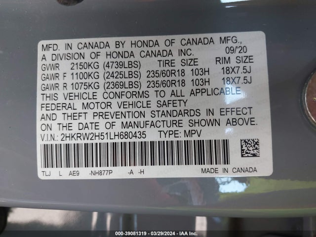 Honda Cr-v Awd Ex 2020 2HKRW2H51LH680435 Image 9