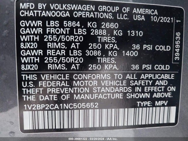 1V2BP2CA1NC505652 Volkswagen Atlas 2.0t Sel