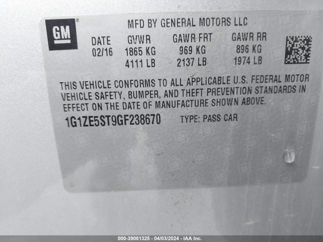 Chevrolet MALIBU 1LT 2016 1G1ZE5ST9GF238670 Image 9