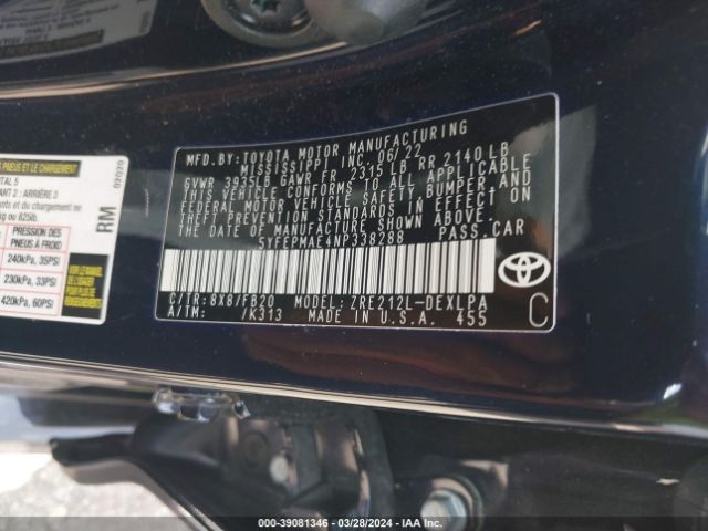 5YFEPMAE4NP338288 Toyota COROLLA LE