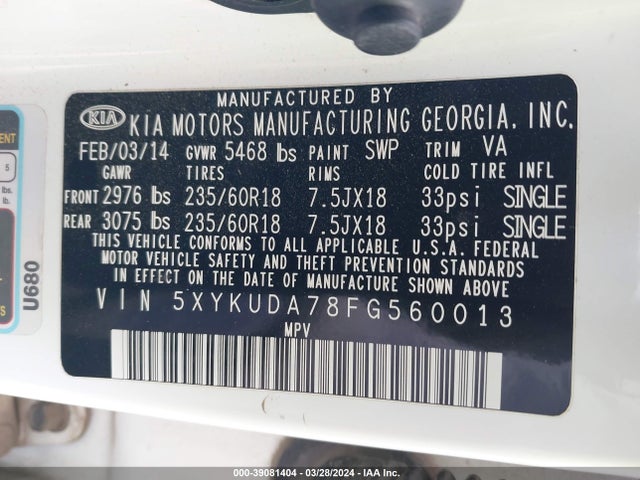 KIA Sorento Ex V6 2015 5XYKUDA78FG560013 Image 9