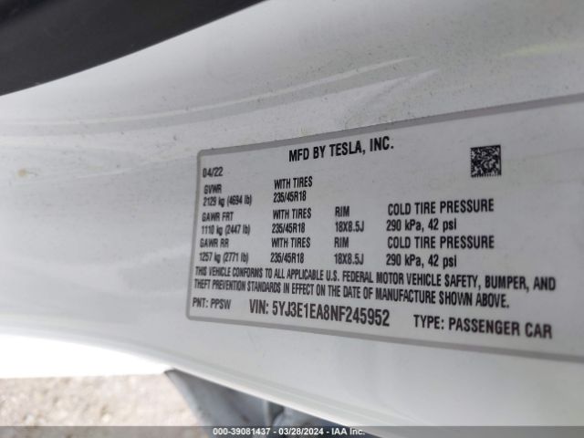 5YJ3E1EA8NF245952 Tesla Model 3 Rear-wheel Drive