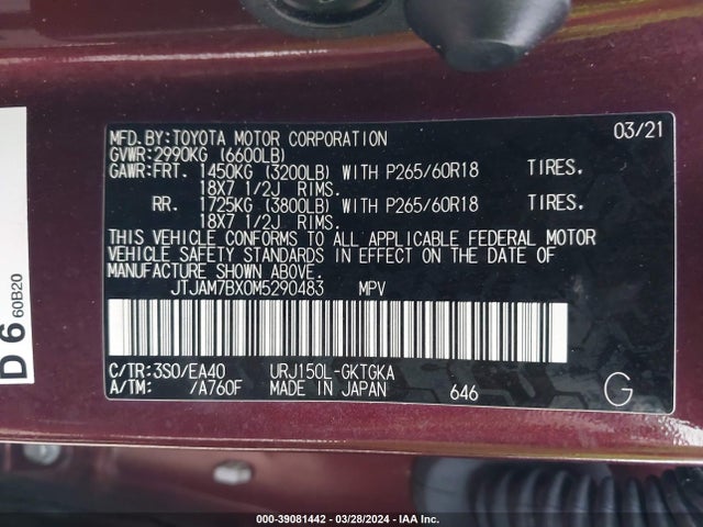 JTJAM7BX0M5290483 Lexus 460 Premium