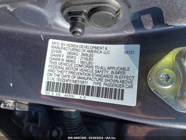 Honda INSIGHT EX 2021 19XZE4F51ME010911 Image 9