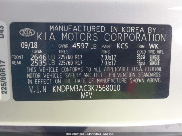 KNDPM3AC3K7568010 KIA Sportage Lx