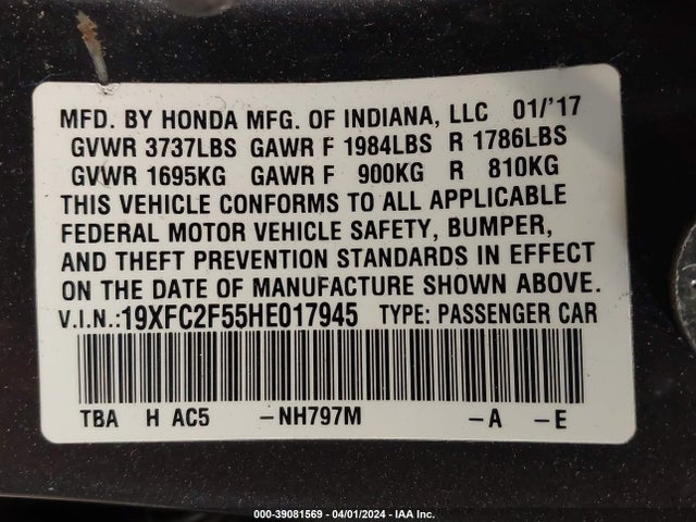 Honda Civic Lx 2017 19XFC2F55HE017945 Image 9