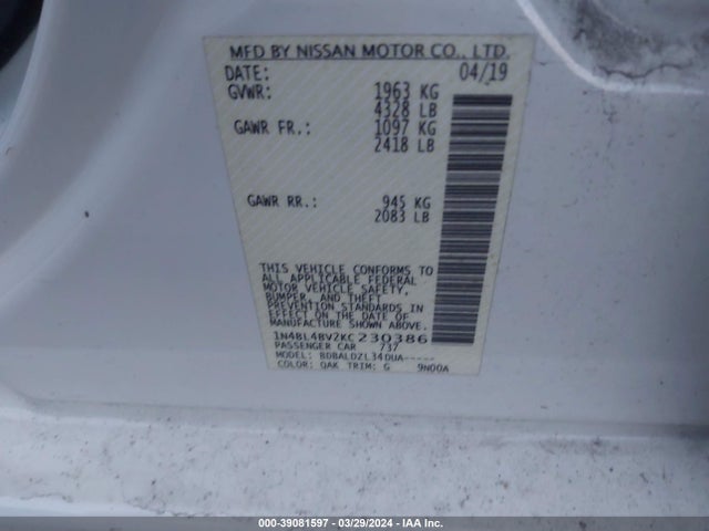 Nissan Altima 2.5 S 2019 1N4BL4BV2KC230386 Image 9