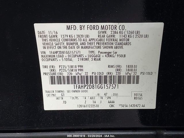 Ford TAURUS SE 2016 1FAHP2D81GG157571 Image 9