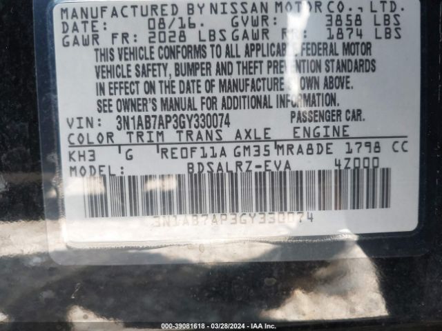 3N1AB7AP3GY330074 Nissan SENTRA SR