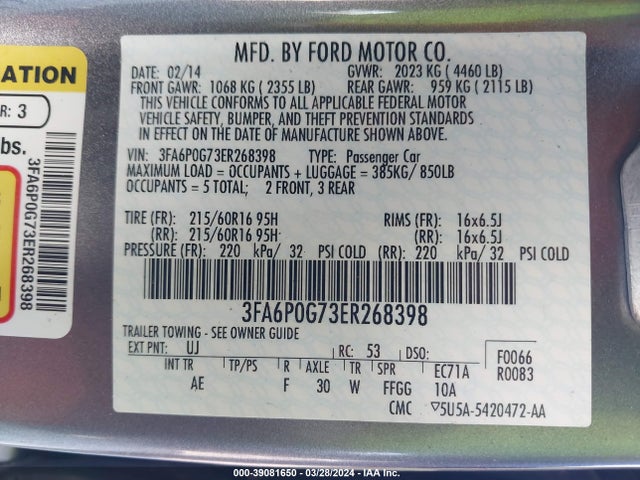 Ford FUSION S 2014 3FA6P0G73ER268398 Image 9