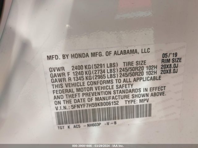 5FNYF7H59KB006152 Honda Passport Ex-l