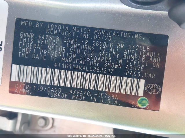 Toyota CAMRY SE 2020 4T1G11AK4LU363217 Image 9