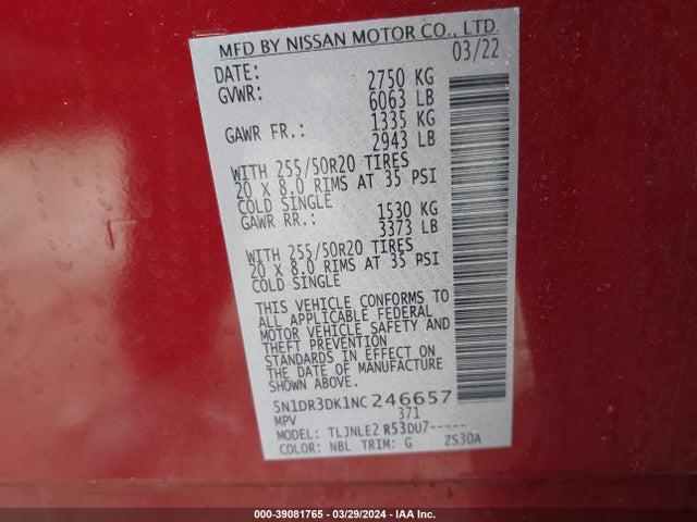 Nissan Pathfinder Platinum 4wd 2022 5N1DR3DK1NC246657 Image 9