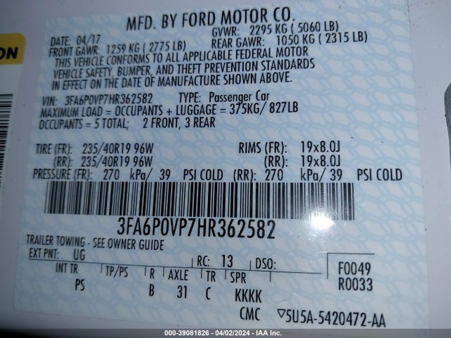 3FA6P0VP7HR362582 Ford Fusion Sport