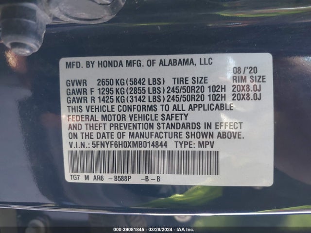 Honda Pilot Elite 2021 5FNYF6H0XMB014844 Image 9