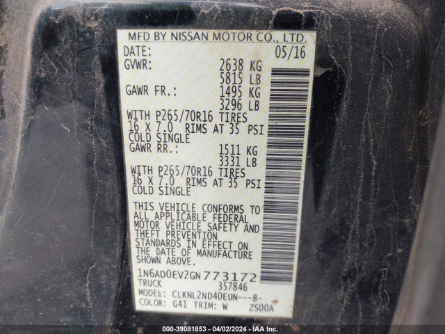 Nissan Frontier Pro-4x/s/sl/sv 2016 1N6AD0EV2GN773172 Image 9