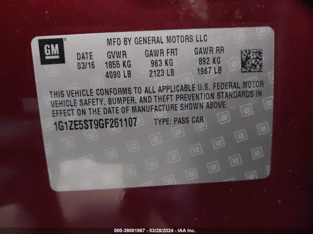 Chevrolet MALIBU 1LT 2016 1G1ZE5ST9GF261107 Image 9