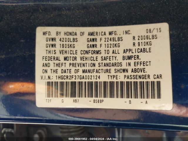 1HGCR2F37GA002124 Honda ACCORD LX