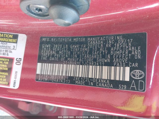 2T1BURHE1JC983411 Toyota COROLLA LE