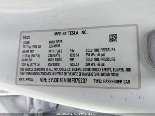 5YJ3E1EA1MF075237 Tesla Model 3 Standard Range Plus Rear-wheel Drive