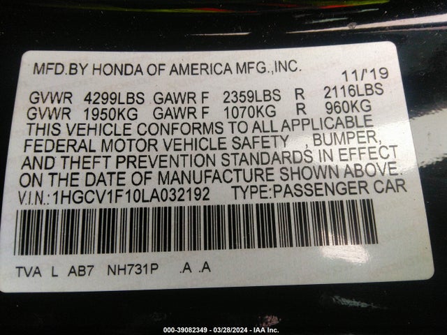 Honda ACCORD LX 2020 1HGCV1F10LA032192 Image 9