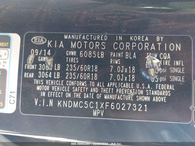KIA SEDONA EX 2015 KNDMC5C1XF6027321 Image 9