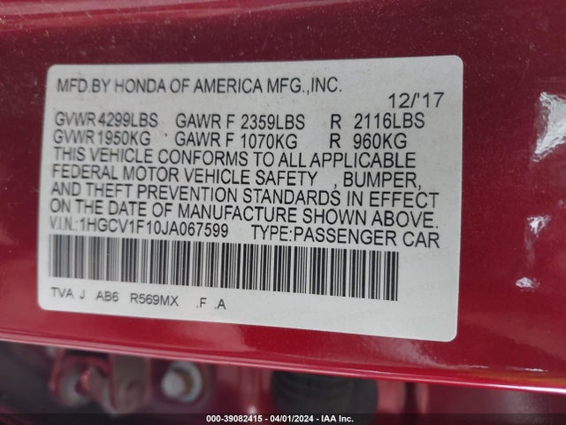 Honda ACCORD LX 2018 1HGCV1F10JA067599 Image 9