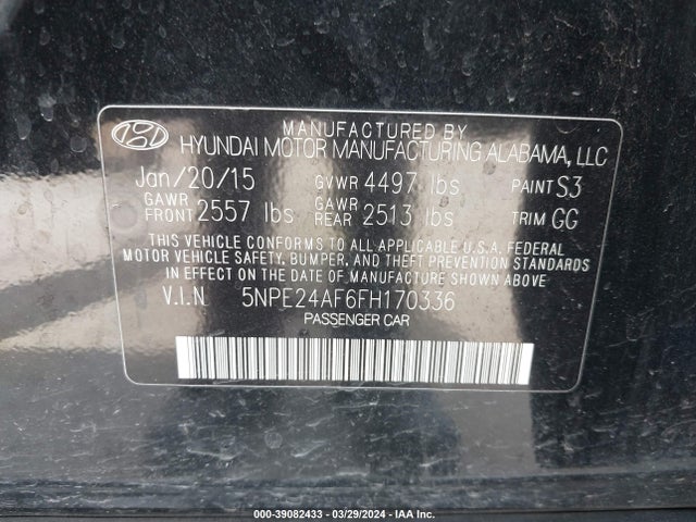 Hyundai SONATA SE 2015 5NPE24AF6FH170336 Image 9