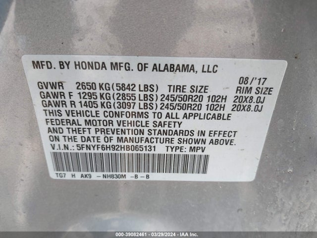 Honda Pilot Touring 2017 5FNYF6H92HB065131 Image 9