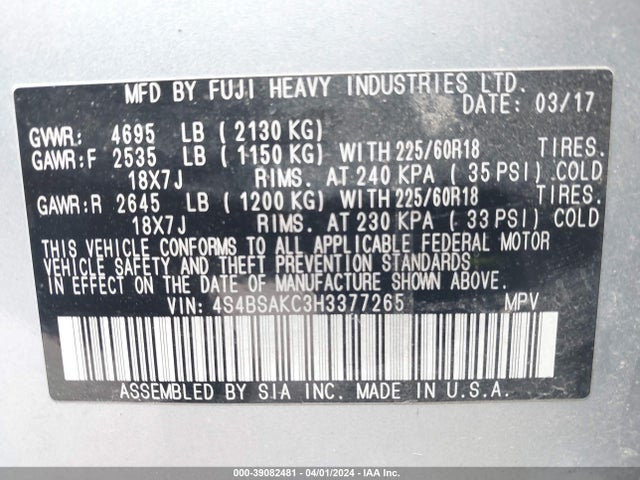 Subaru Outback 2.5i Limited 2017 4S4BSAKC3H3377265 Image 9