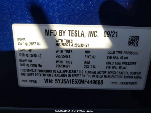 Tesla Model S Plaid Tri Motor All-wheel Drive 2021 5YJSA1E6XMF449668 Image 9