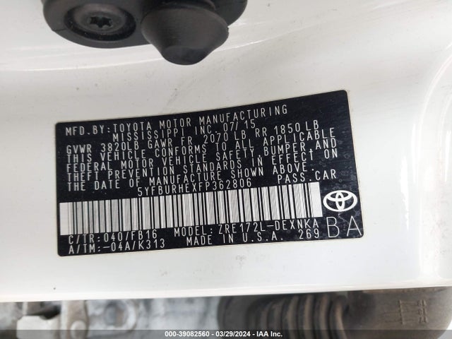 Toyota COROLLA LE 2015 5YFBURHEXFP362806 Image 9