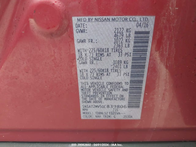 Nissan Rogue Sl 2016 5N1AT2MV5GC839806 Image 9