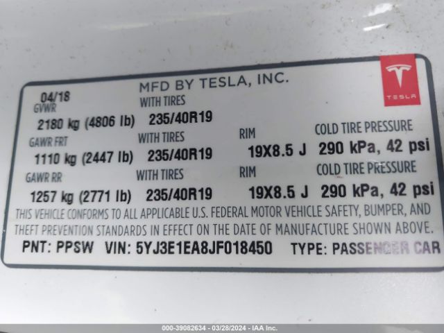 5YJ3E1EA8JF018450 Tesla Model 3 Long Range/mid Range