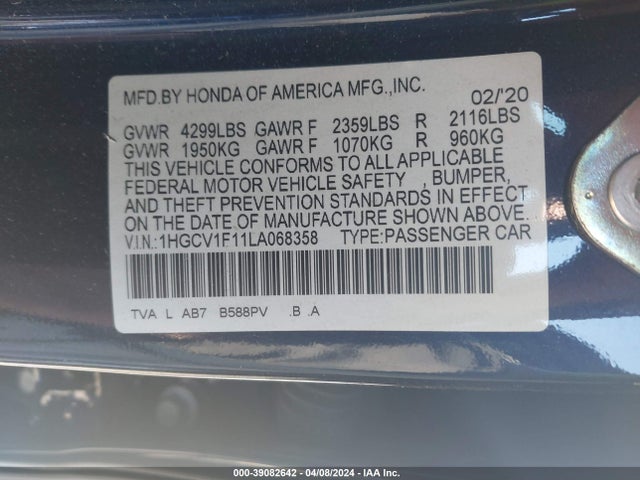 Honda ACCORD LX 2020 1HGCV1F11LA068358 Image 9
