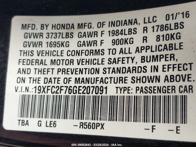 Honda CIVIC EX 2016 19XFC2F76GE207091 Image 9