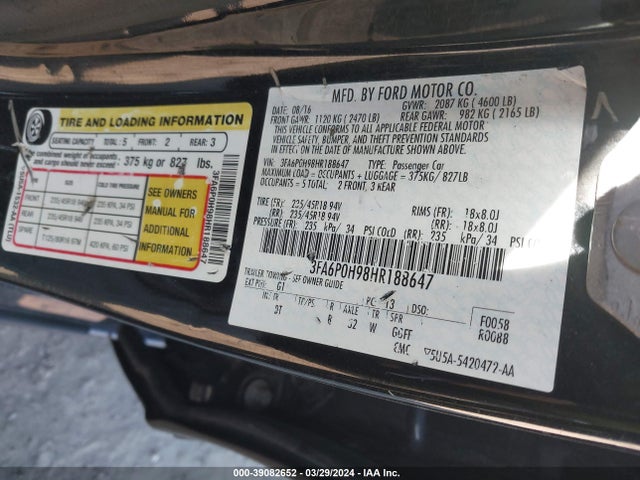 Ford FUSION SE 2017 3FA6P0H98HR188647 Image 9