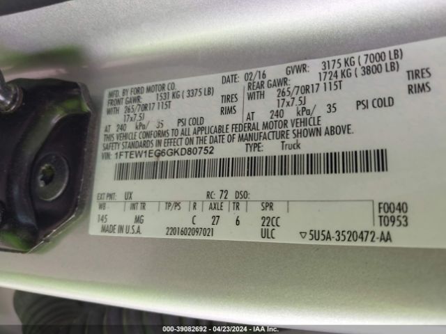 1FTEW1EG6GKD80752 Ford F-150 Xlt