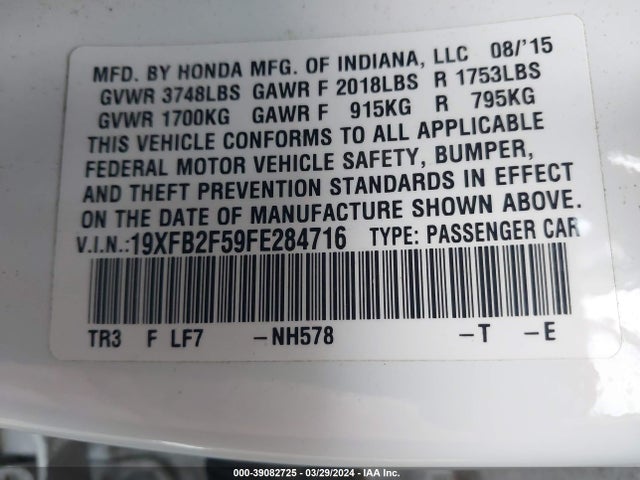 Honda Civic Lx 2015 19XFB2F59FE284716 Image 9
