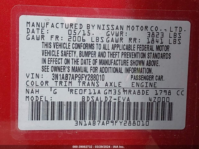 Nissan SENTRA SV 2015 3N1AB7AP9FY288010 Image 9