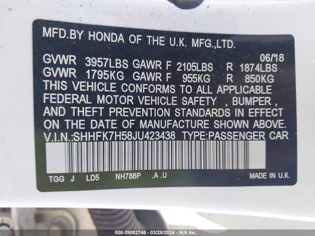 Honda CIVIC EX 2018 SHHFK7H58JU423438 Image 9