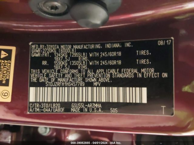 5TDJZRFH1HS457789 Toyota Highlander Xle