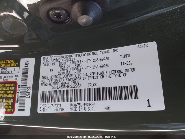 Toyota Tundra Sr5 2022 5TFLA5DBXNX022282 Image 9