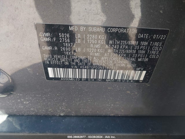 4S4BTGPD3N3187933 Subaru Outback Touring Xt