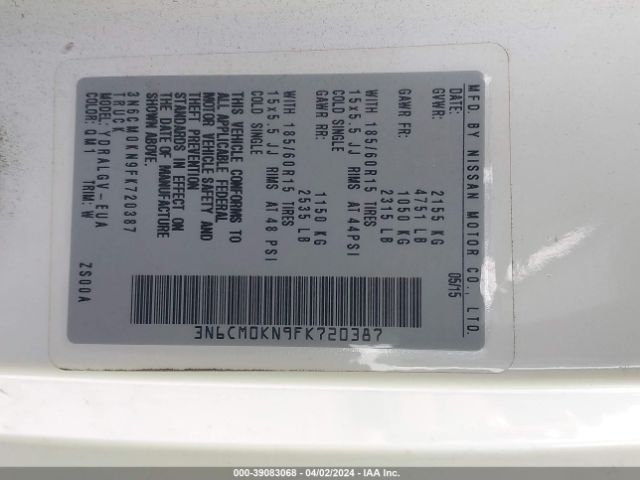 3N6CM0KN9FK720387 Nissan NV200 SV